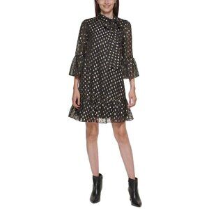 NWT Calvin Klein Womens Black Gold Polka Dot Sheer Sleeve Mini Dress Size 4